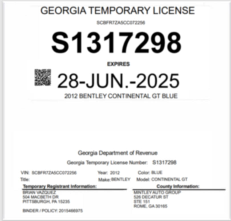 Georgia temporary license plate​