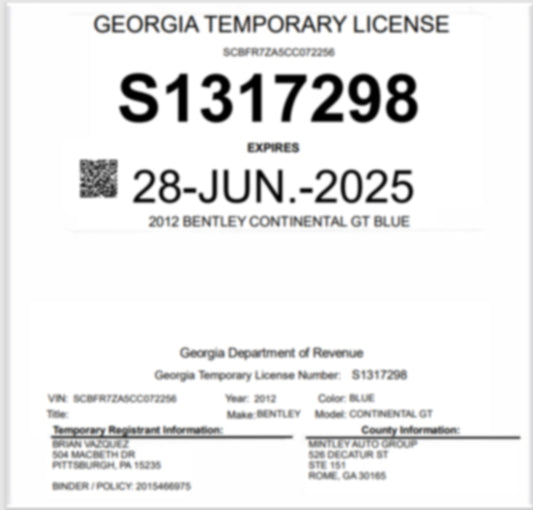 Georgia temporary license plate​