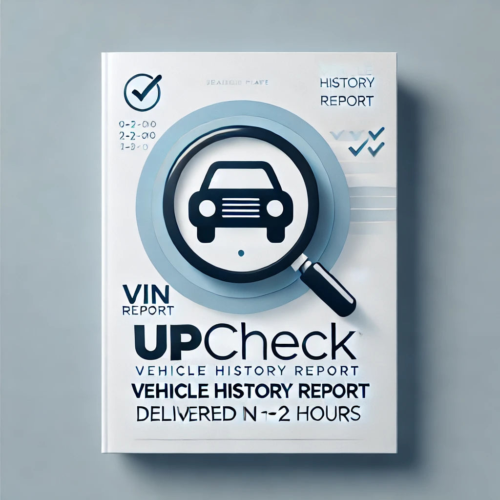 A cover image of the Upcheck VIN Report brochure, featuring a magnifying glass over a car silhouette, indicating a vehicle history report service.
