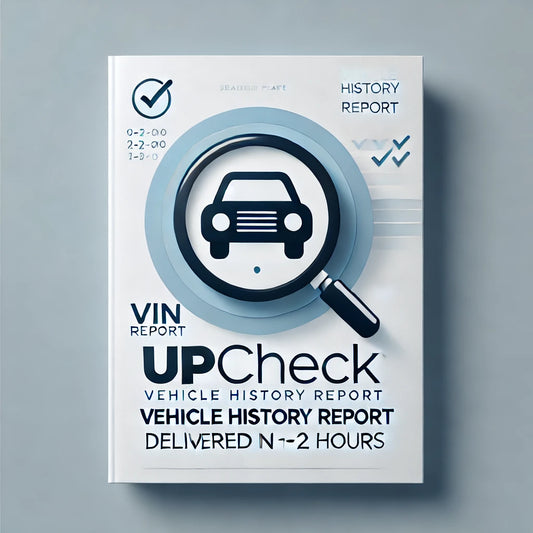 A cover image of the Upcheck VIN Report brochure, featuring a magnifying glass over a car silhouette, indicating a vehicle history report service.