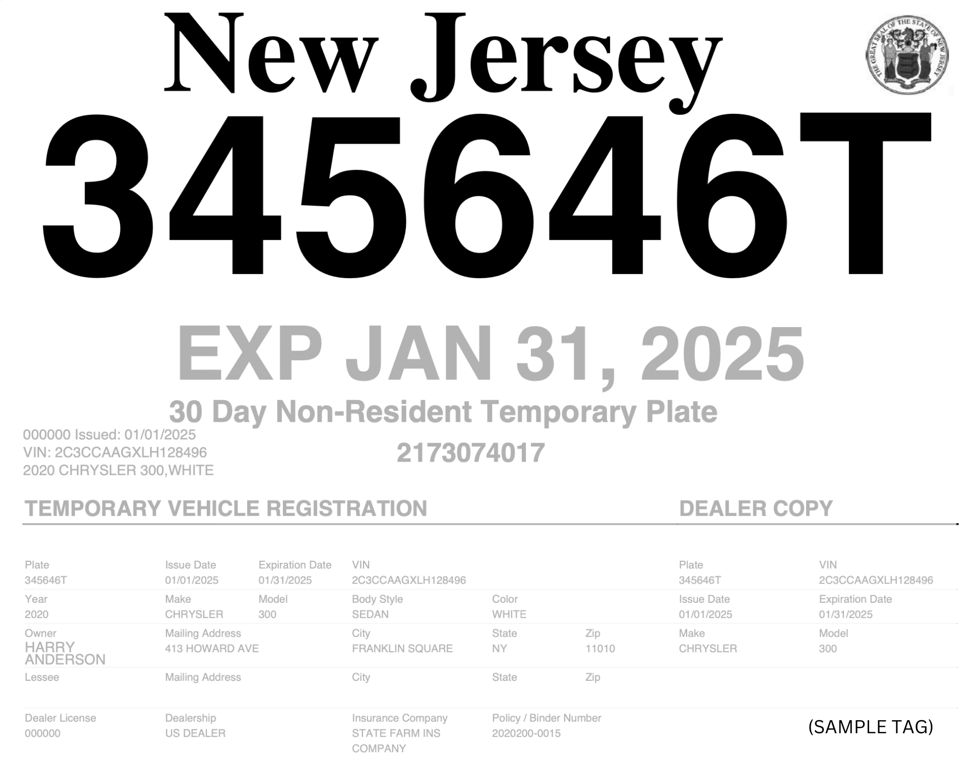 new jersey temporary license plate​